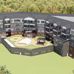 Aerial view of back of new Collington pavilion wit courtyard