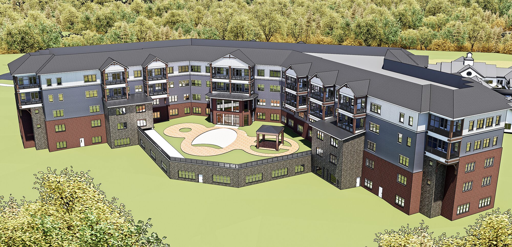 Aerial view of back of new Collington pavilion wit courtyard